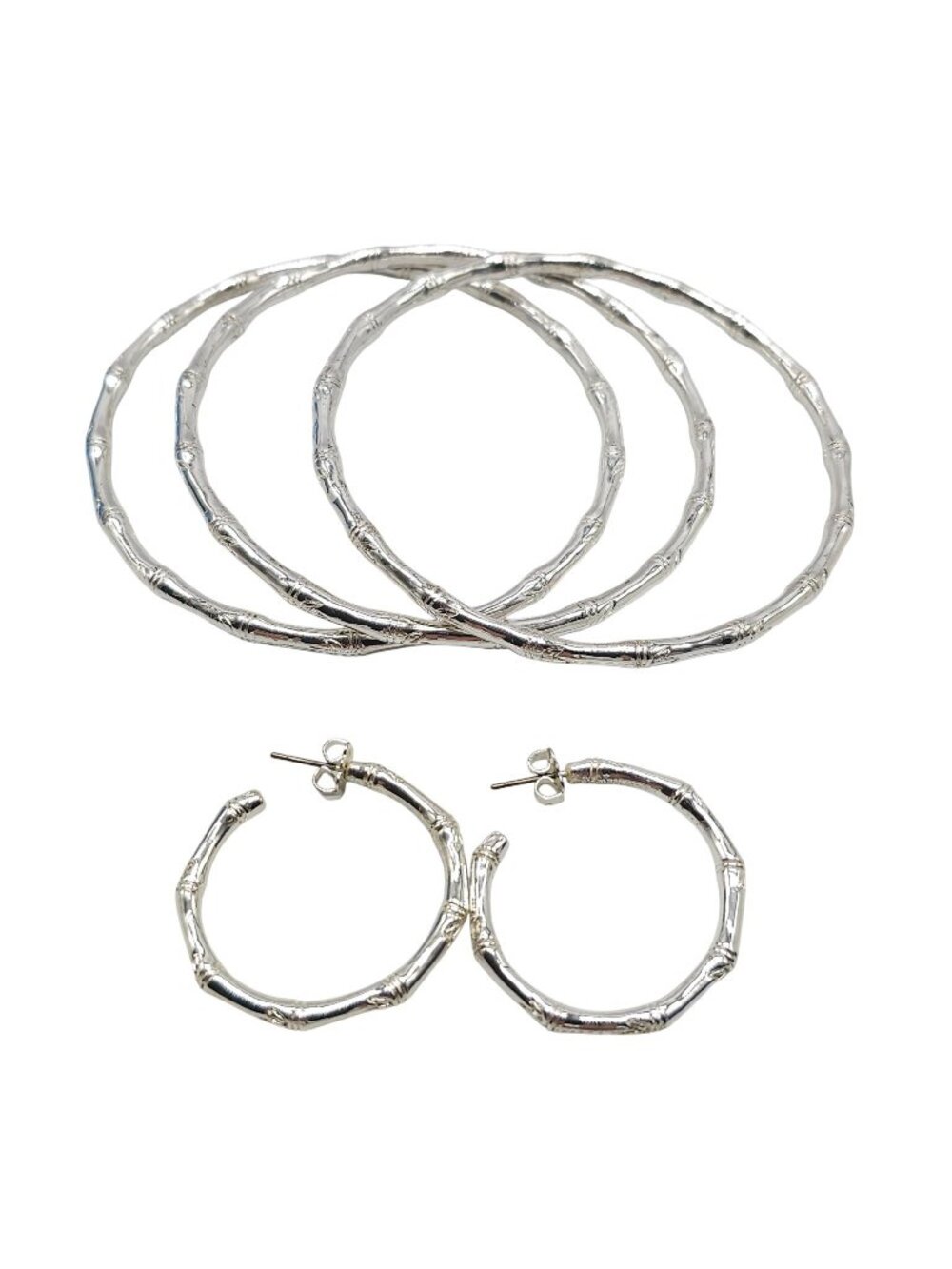 Avon Silver Tone Bamboo Hoop Earrings Bracelet Gift Set Large